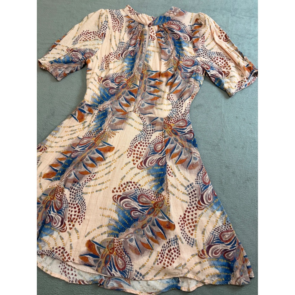 Abstract Floral Print Midi‎ Dress Puff Sleeve Boho Chic Festival - Picture 2 of 10